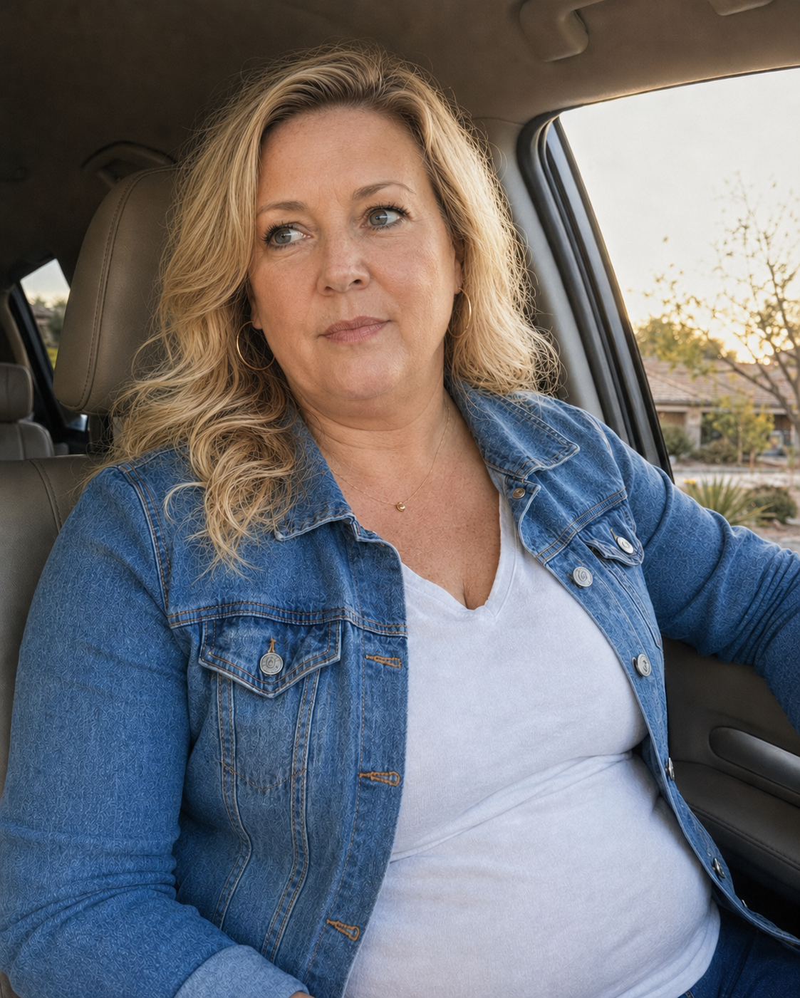 Michelle sitting thoughtfully inside a parked car during the early part of her journey.