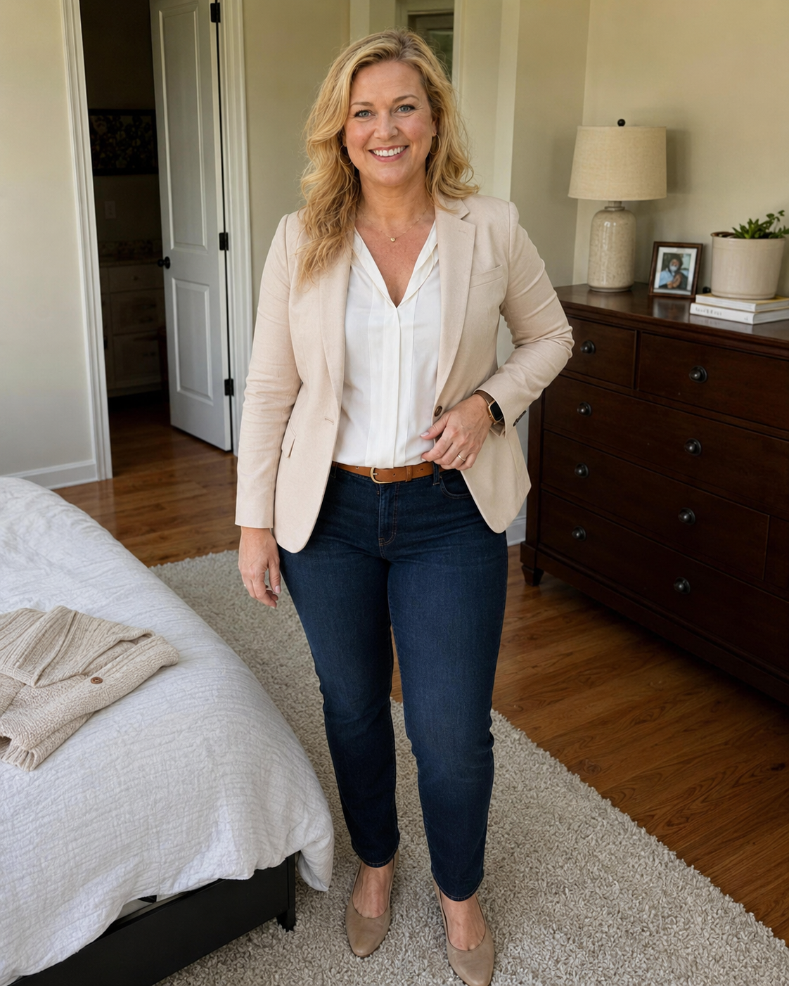 Michelle wearing a blazer and jeans during the middle stage of the illustrated journey.
